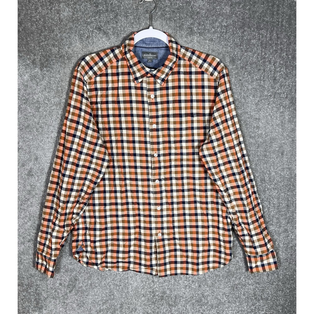 LL Bean Signature Slim Fit Long Sleeve Button Up Shirt Mens Size M Orange Plaid